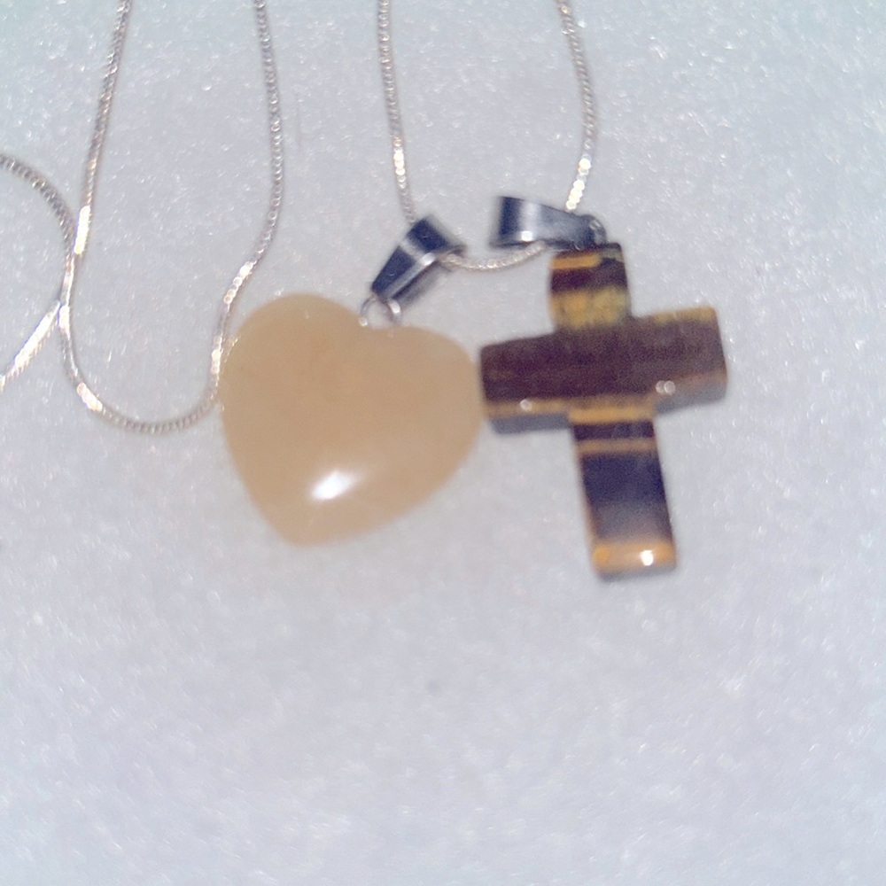 Boho Hippie Tigers Eye Cross and Aventurine Heart Sterling Silver Necklace 18” - Picture 5 of 6